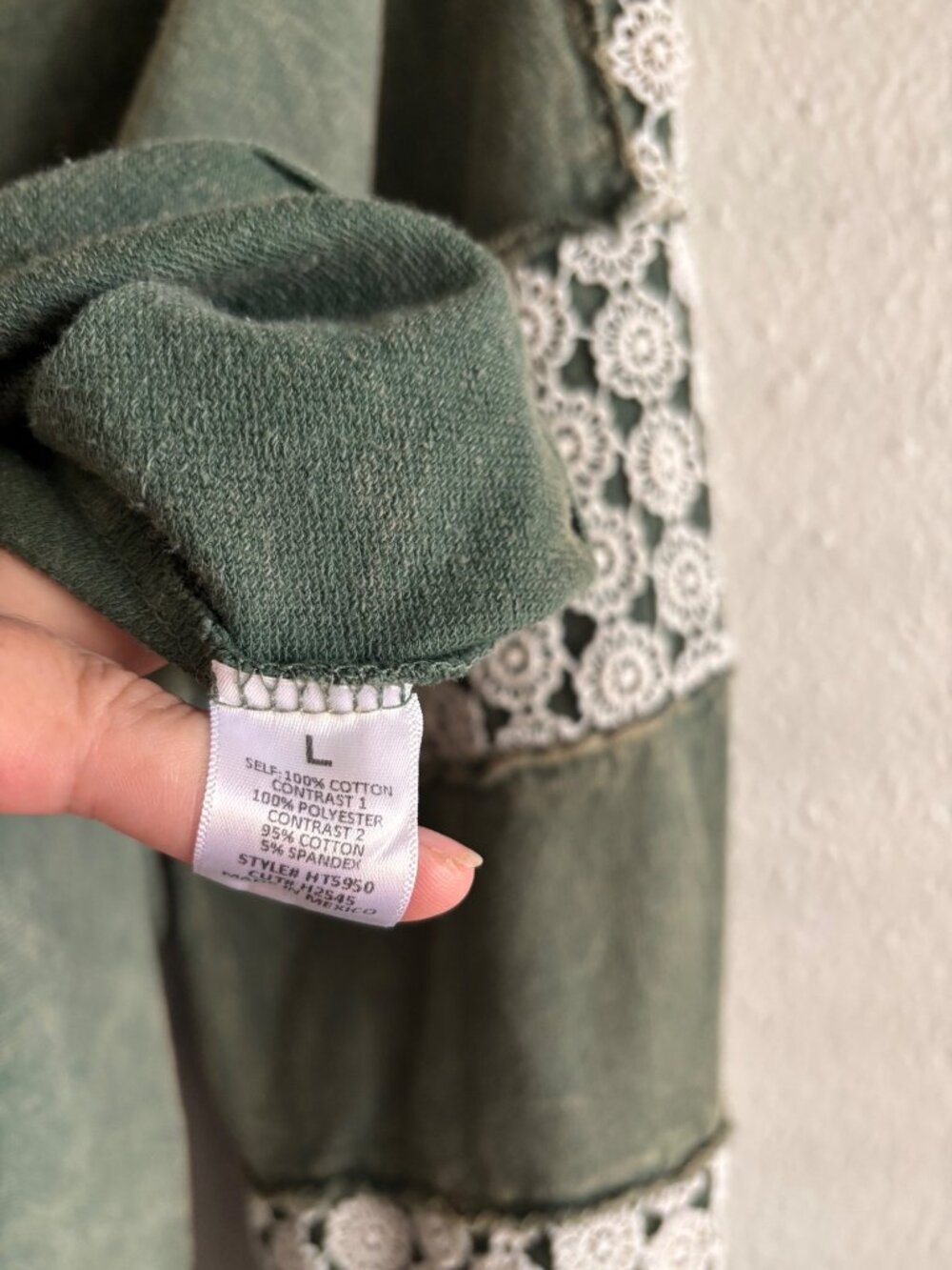 J. Her Green Mineral Wash Boho Oversized Sweatshirt With Lace Accent Sleeves - Picture 4 of 11